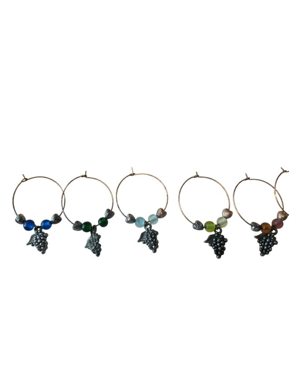 Wine Charms 1"  Charm Beads Silver Hoops Set of 6  Silver Grape Cluster